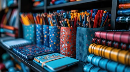 A close-up of a shelf with colorful notebooks, pens, and pencils.