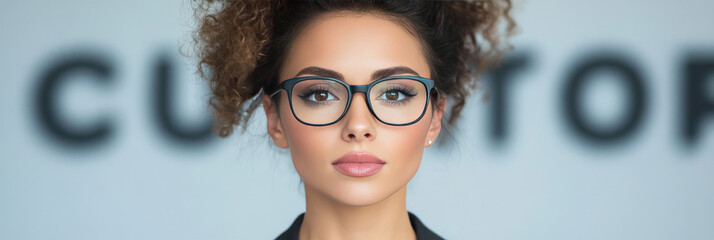 Canvas Print - Young woman with curly brown hair wearing black framed glasses, looking directly at the camera.