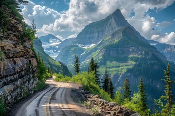 Wall Mural - Scenic Mountain Roadway Surrounded by Lush Greenery and Majestic Peaks