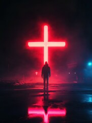 A person stands before a glowing red cross in the city at night