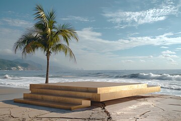 Wall Mural - Serene Beach Scene with a Golden Platform and Palm Tree