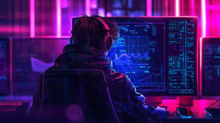 Abstract programming code on a black laptop screen. Digital technology neon glowing purple background. Cyberspace hacker technology. Data network on computer design illustration. Digital presentation	