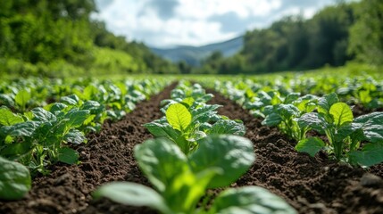 Rows of healthy green spinach plants growing in a field with a mountain range in the background.