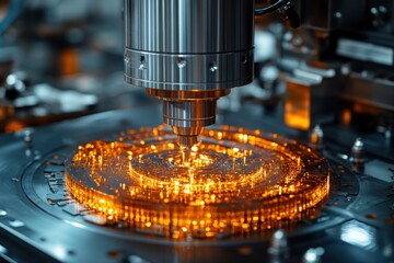 A close-up of a CNC machine cutting a metal workpiece with sparks flying.