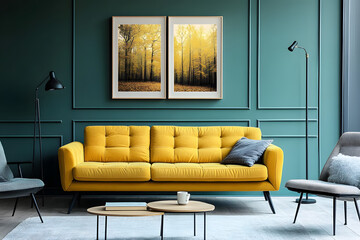 Vibrant yellow sofa and chair near teal wall with poster frame. Scandinavian interior design of modern living room.