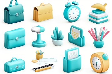 Poster - Various turquoise office supplies, including bags, clocks, and stationery, are organized on a minimalist desk setting. Generative AI