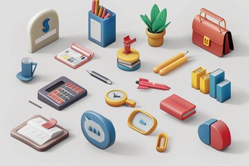 Poster - A vibrant collection of office supplies is displayed, featuring stationery, a potted plant, books, and essential work tools in a bright setup. Generative AI