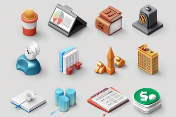 Poster - This vibrant assortment of office icons showcases essential tools for productivity, including charts, clocks, and financial symbols. Generative AI