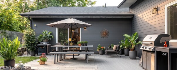 Wall Mural - Smoke gray house with slate vinyl siding, a modern patio with a smoke gray dining table, charcoal grill, pewter umbrella, and dark gray potted plants