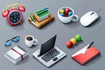 Aufkleber - A vibrant collection of workspace essentials like a laptop, coffee cup, alarm clock, and stationery items beautifully displayed. Generative AI