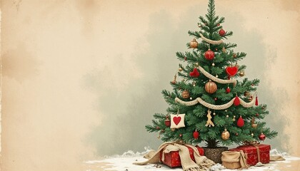 christmas tree with vintage decorations and wrapped gifts, cozy winter atmosphere copy space