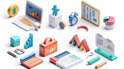 Leinwandbilder - Various financial tools and analytics charts are arranged in a vibrant workspace, showcasing productivity and data analysis. Generative AI