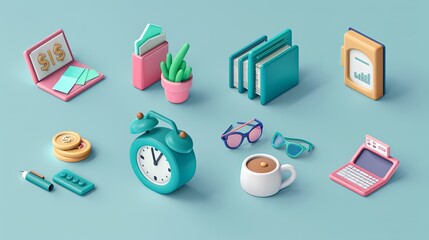 Poster - A variety of colorful office items, including a clock, coffee cup, and laptop, are neatly arranged on a soothing turquoise desk. Generative AI