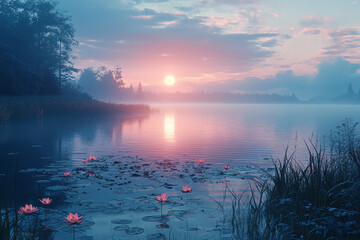 Sticker - A peaceful lake at dawn, showing nature in its untouched state. Concept of serenity.