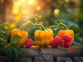 Sticker - Yellow peppers and red raspberries on a wooden surface. AI.