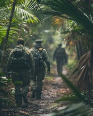 Canvas Print - People hiking through a lush forest. AI.