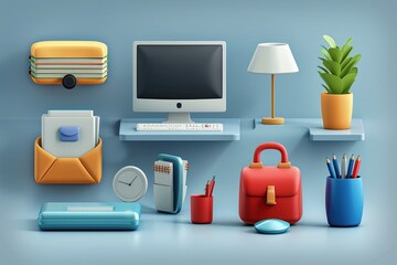 Poster - A vibrant desk, showcasing a computer, stationery, a lamp, and a plant, creates an inviting atmosphere for productivity. Generative AI