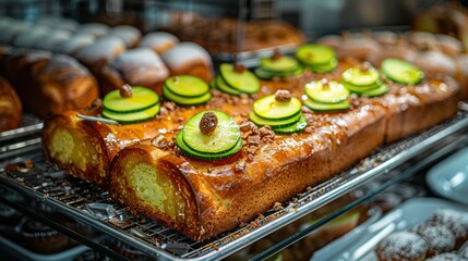 Canvas Print - A close-up shot of a delicious pastry topped with cucumber slices. AI.