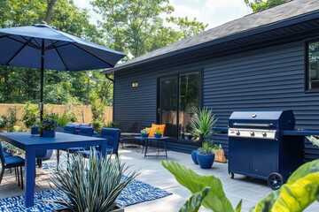 ultramarine house with deep blue vinyl siding, an oceanic patio with an ultramarine dining table, na