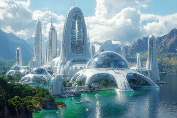 Canvas Print - An alien city powered by renewable energy sources, representing sustainable technology in advanced civilizations. Concept of energy.