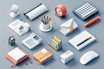 Poster - Various office supplies including notebooks, a calculator, and stationery are creatively arranged on a gray background. Generative AI