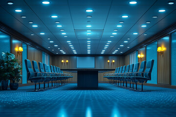 Wall Mural - A stock image of an empty boardroom with a projector and chairs, symbolizing business meetings. Concept of business.