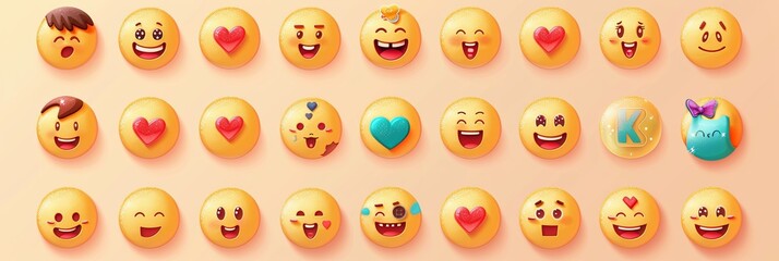 Poster - A vibrant selection of emojis displaying happiness, love, and playful expressions arranged neatly on a soft-colored backdrop. Generative AI