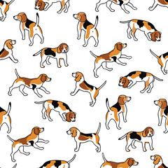 Graphic seamless pattern with spotted dog.Animal background with black outline on white.Pets are drawn in different poses.Cute print on fabric and paper.Vector design for textile,packaging,wallpaper.