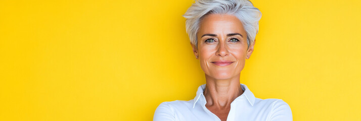 Sticker - A confident woman with short gray hair smiles at the camera against a bright yellow background.