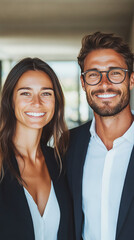 Poster - A young Caucasian man and woman in business attire smile confidently at the camera.