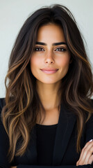 Canvas Print - A young woman with long, dark brown hair smiles confidently at the camera.