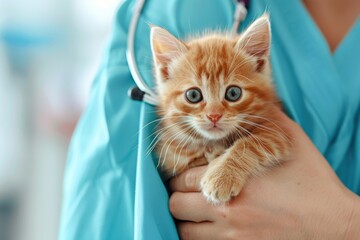 A veterinarian holds an orange tabby kitten in a bright clinic.