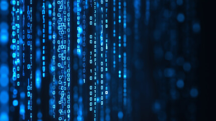 Abstract blue binary code streams down a dark background.