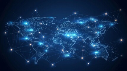 a stylized world map with glowing nodes interconnected by lines representing a network.