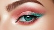 © somneuk - A close-up of a beautifully styled eye featuring vibrant eyeshadow colors of pink and teal, complemented by defined brows and lush eyelashes.