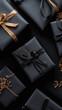 © Synthetica - A row of black boxes with gold ribbons on them. The boxes are all different sizes and are arranged in a row. The gold ribbons give the boxes a festive and celebratory feel