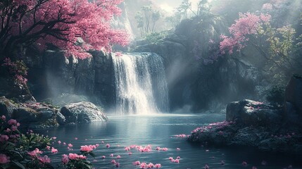 Canvas Print - Serene Waterfall in a Lush Forest with Pink Flowers