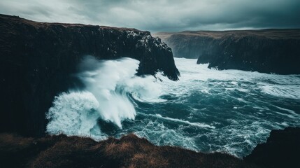 Poster - Dramatic Wave Crashing Against Rugged Cliffs Under Stormy Skies