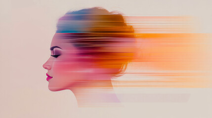 Poster - A woman's profile is blurred in a dreamy, colorful abstract image.