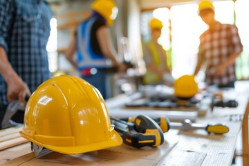 Aufkleber - A repair team collaborates at a construction site, utilizing tools and materials while prioritizing safety and efficiency. Generative AI