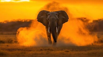 Canvas Print - Elephant Walking Through Dust at Sunset