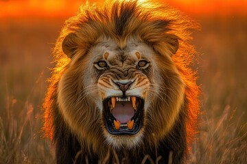 Poster - Majestic Lion Roaring at Sunset with Golden Mane