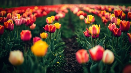 Canvas Print - A Field of Tulips in Blurry Focus, With Yellow, Pink, and Red Colors