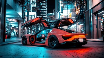 Naklejka na meble Futuristic Red Sports Car Parked on a City Street at Night