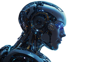 A futuristic AI robot with a sleek, intricate design, illuminated by a blue glow. The robot's face is a blend of human-like features and complex machinery. White background.