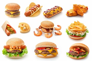 Aufkleber - A colorful arrangement showcases burgers, hot dogs, shrimp, chicken wings, and fries, appealing to fast food lovers everywhere. Generative AI