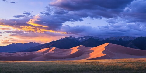 Canvas Print - Sand Dunes and Mountains at Sunset with a Golden Cloud