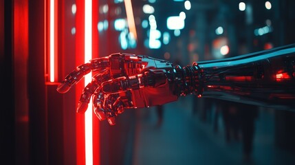 Sticker - A Robotic Hand Reaching Through a Red Neon Light