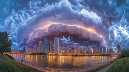 Canvas Print - Dramatic Storm Clouds Over a City Skyline at Dusk