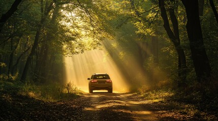 Sticker - A Car Drives Through a Sunlit Forest Path